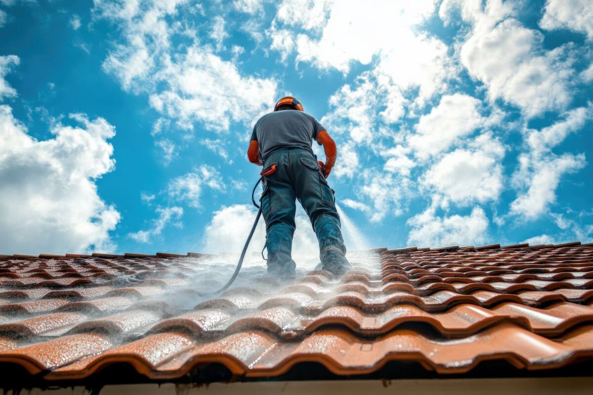 Osoba myjąca dachówki ceramiczne na dachu pod błękitnym niebem.